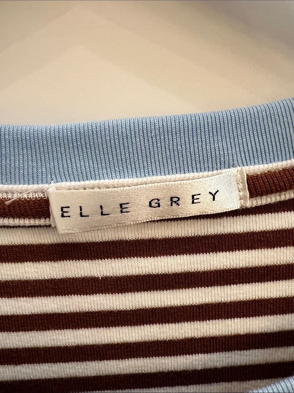 Elle Grey Brown & White Striped Tee with Light Blue Neckline - Picture 2 of 3